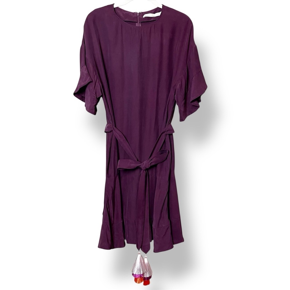 Marie Oliver 100% Silk Tassel Belted Mini Dress Small plum eggplant purple flowy